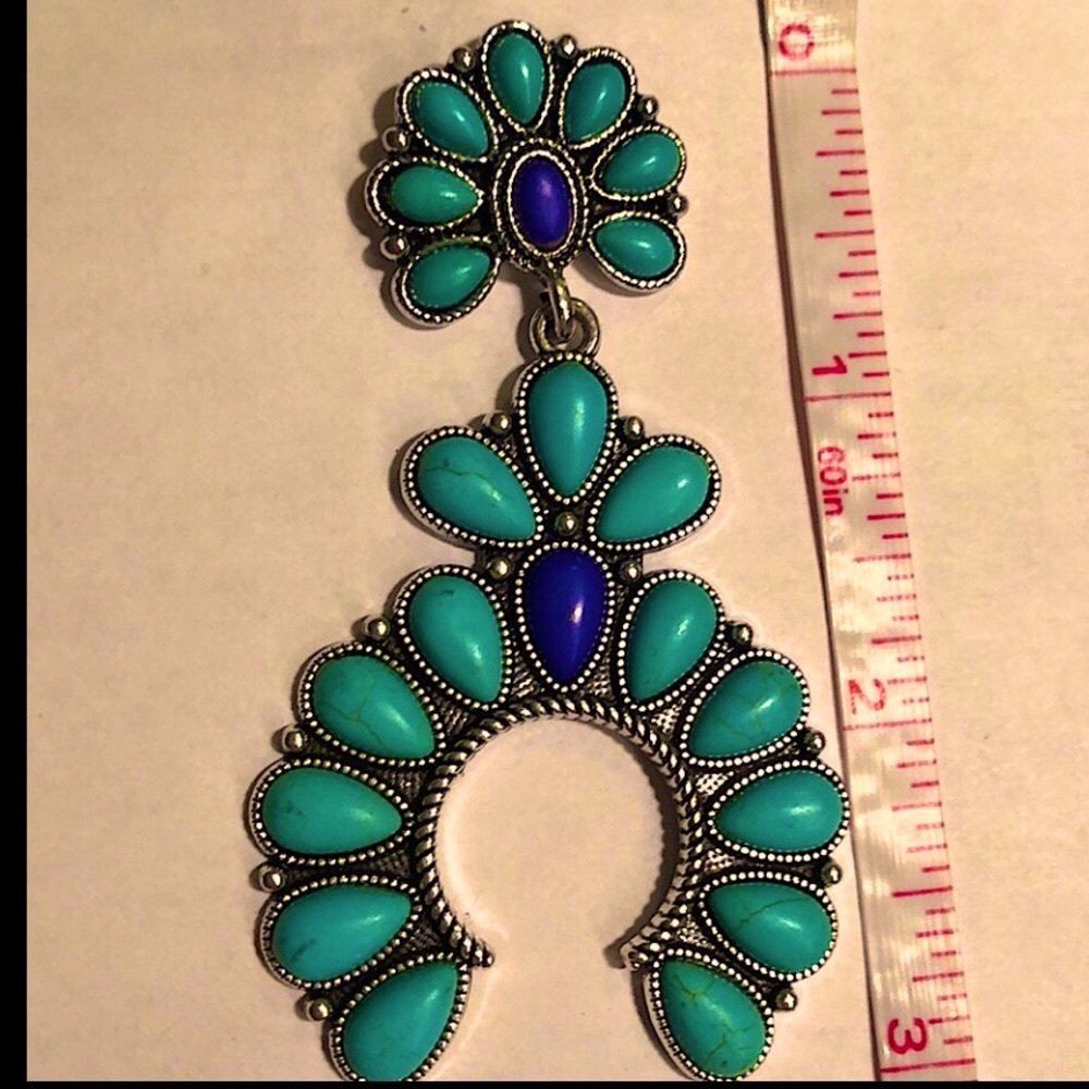 SOLD OUT 🎁 LAST PAIR~ SILVER SQUASH BLOSSOM TURQUOISE & BLUE EARRINGS  3” LONG - Picture 2 of 7